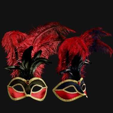 Venetiaanse fluwelen oogmaskers rood/zwarte veren carnavalskleding Va