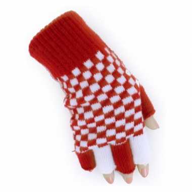 Vingerloze handschoen rood/wit geblokt carnavalskleding valkenswaard