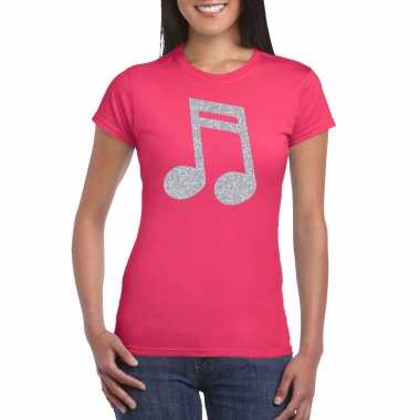 Zilveren muziek noot / muziek feest t shirt / carnavalskleding roze dames valkenswaard
