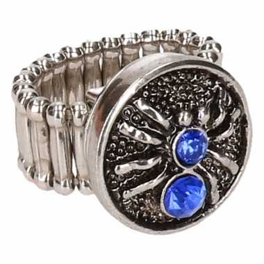 Zilveren ring blauwe spin drukknoop carnavalskleding valkenswaard