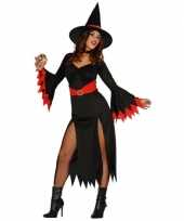 Halloween zwarte lange heksen jurk rode details