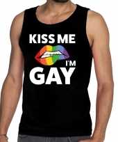 Kiss me i am gay tanktop mouwloos shirt zwart heren