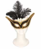 Oogmasker zwart goud veren volwassenen