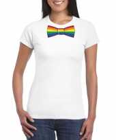 Wit t-shirt regenboog vlag strikje dames