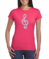 Zilveren muziek noot g sleutel muziek feest t-shirt carnavalskleding roze dames