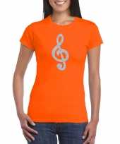 Zilveren muzieknoot g sleutel muziek feest t-shirt carnavalskleding oranje dames